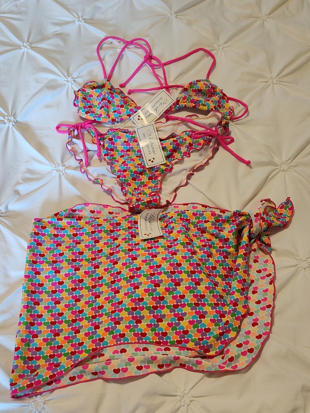 Shoshanna Multicolor Heart Bikini with Pink Trim